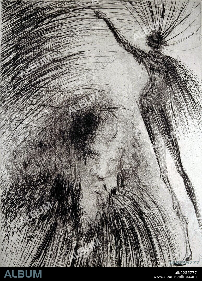 SALVADOR DALÍ. GOETHE , JOHANN WOLFGANG. ESCRITOR ALEMAN. 1749 - 1832. ILUSTRACION DE SALVADOR DALI PARA SU OBRA " FAUSTO " , EPISODIO DEL PROLOGO EN EL CIELO. GRABADO A PUNTA SECA Y RULETA.