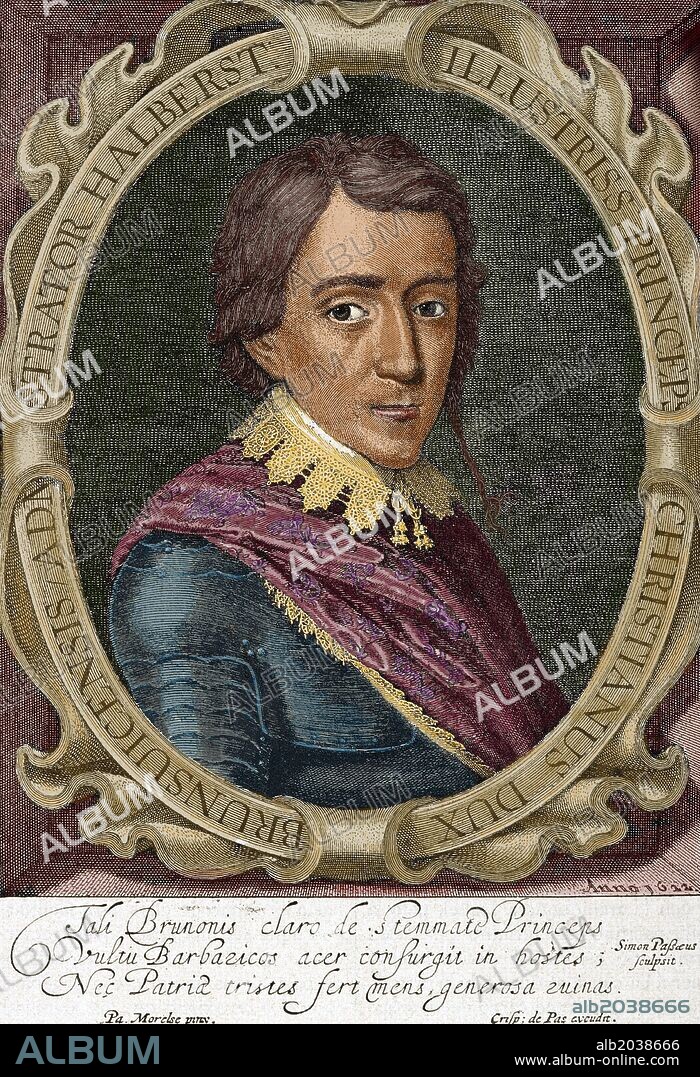 CRISTIAN DE BRUNSWICK, o Christian, Duque de Brunswick-Lüneburg (1599-1626). Obispo luterano de Halberstadt. Líder militar Alemán durante la Guerra de los Treinta Años, en donde se ganó la reputación de fanático Religioso. Grabado coloreado.