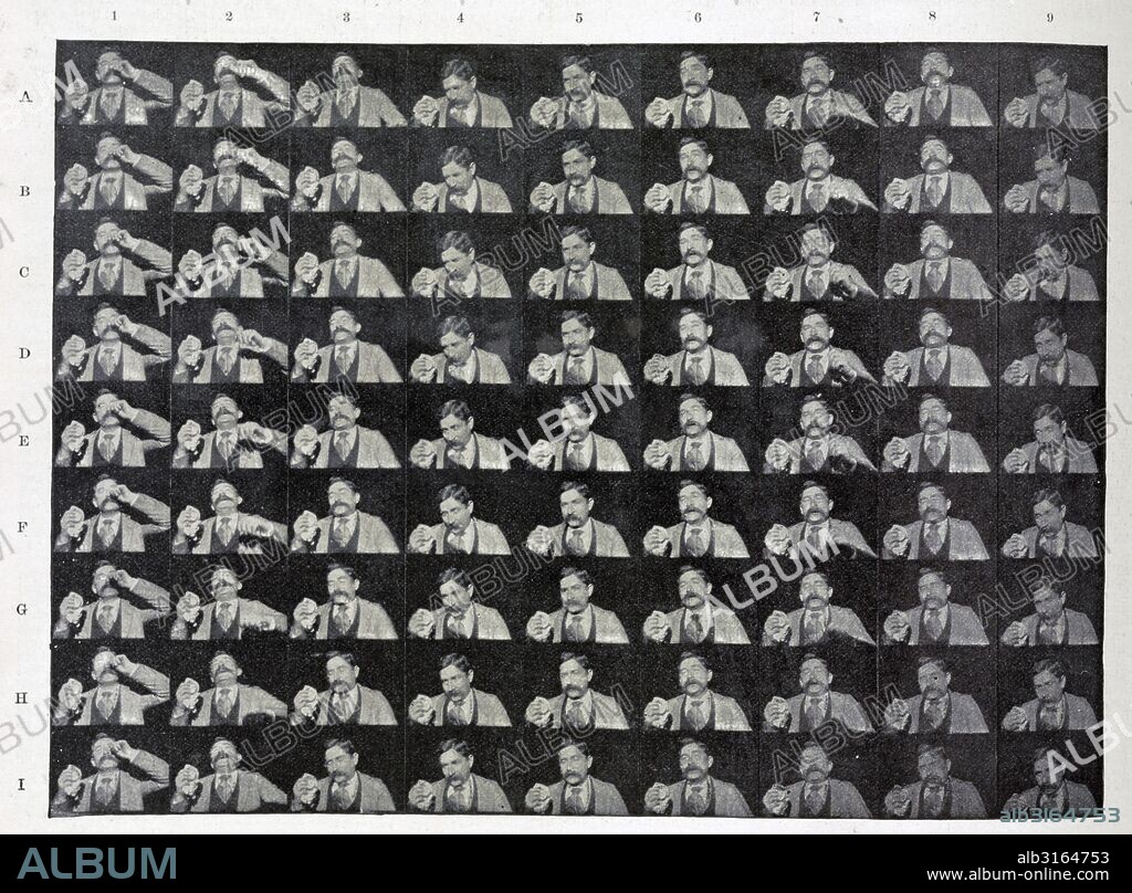 Edison kinetoscopic record of a sneeze 'Fred Ott's Sneeze'. Photographic print : gelatin printing-out paper. Photograph consists of 45 frames for a movie showing a man, Fred Ott, sneezing. It was taken by photographer William, Kennedy-Laurie (1860-1935). This photographic print is the earliest surviving 'motion picture' registered for copyright on January 9th, 1894. Colloquially known as 'Fred Ott's sneeze, for its star (an Edison engineer), the photo represents the dawn of filmmaking in America while remaining something of an historical accident.