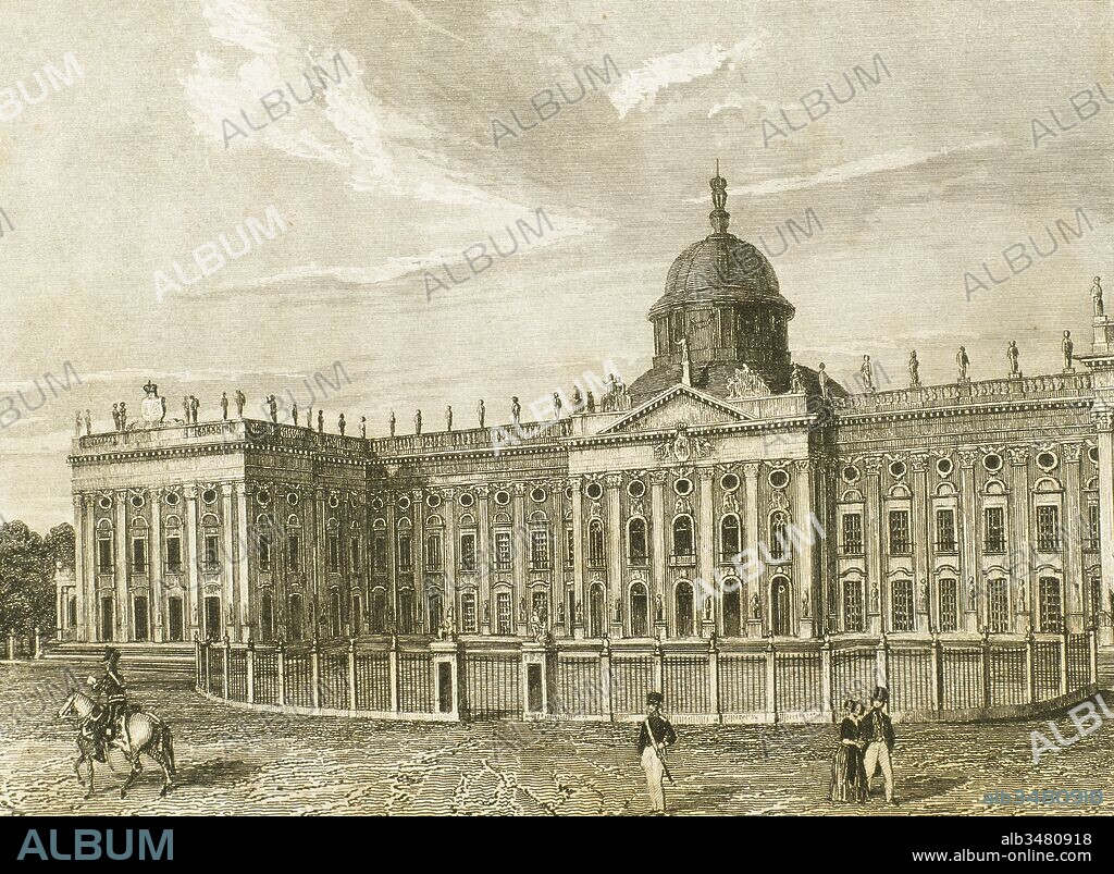 Germany. Potsdam. The New Palace in Sanssouci park. The building was begun in 1763, after the end of the Seven Years' War, under King Friedrich II (Frederick the Great) and was completed in 1769. Engraving. "Panorama Universa", 1845.