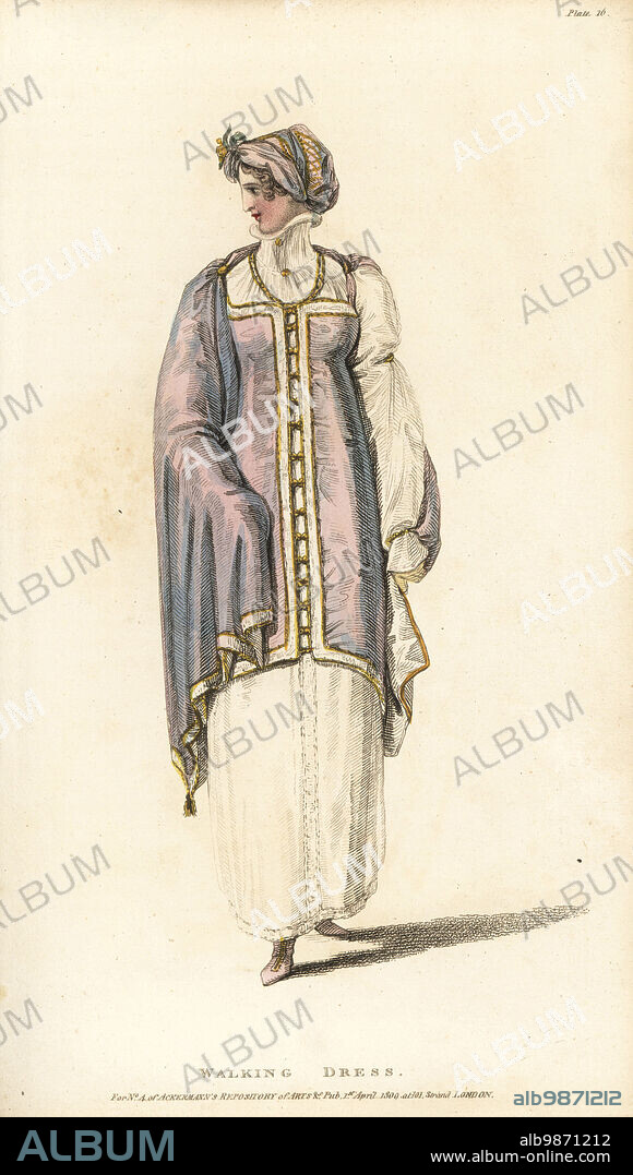 Regency woman in walking dress of lilac silk. Raised spotted muslin under-dress with loose sleeves, tunic of lilac silk, clasped down the front with gold ornaments, cloak of lilac silk with white lining and gold border. Matching bonnet and boots. Plate 16, April 1 1809. Handcoloured copperplate engraving by Thomas Uwins from Rudolph Ackermann's Repository of Arts, London, 1809.