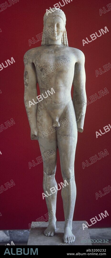 Kouros of Volomandra. Statue of a male kouros found in Volomandra, Attica, Greece. Archaic period. Marble. 560-550 BCE. National Archaeological Museum of Athens. Greece.