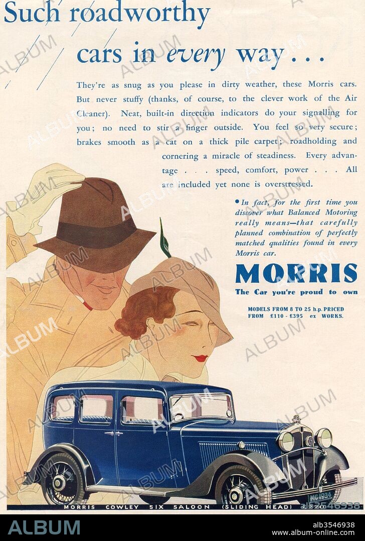 1934 advertisement for a Morris Cowley Six Saloon Sliding Head car.