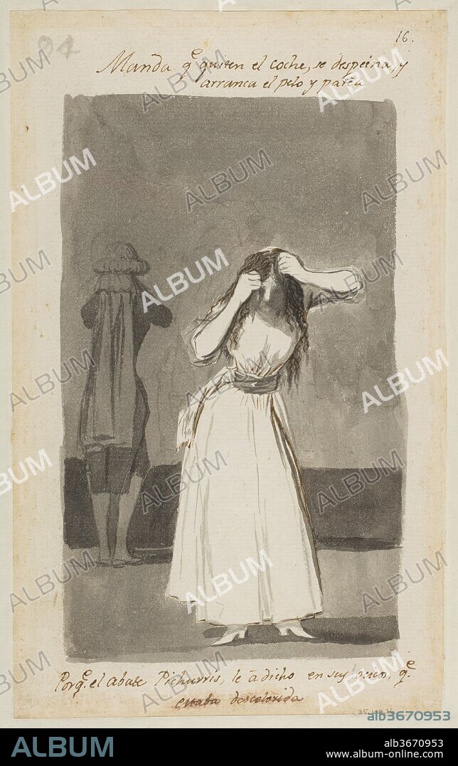 Woman throwing a tantrum and pulling her hair; folio 94 (verso) from the Madrid Album 'B'. Artist: Goya (Francisco de Goya y Lucientes) (Spanish, Fuendetodos 1746-1828 Bordeaux). Dimensions: Sheet: 9 1/4 x 5 3/4 in. (23.5 x 14.61cm). Date: 1796-97.