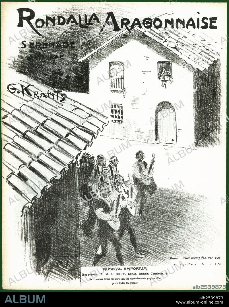 Partitura de la serenata Rondalla Aragonnaise, de G. Krantz. Dibujo de Antonio Utrillo. Año 1907.