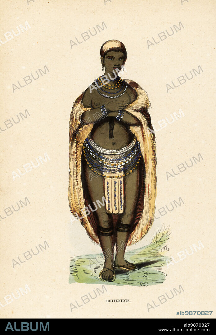 Young Khoikhoi woman in fur cape, beaded skirt, anklets, necklaces, bracelets, earrings. Khoikhoi woman. Hottentote. Handcoloured woodcut by L. Lisbet from Auguste Wahlen's Moeurs, Usages et Costumes de tous les Peuples du Monde, (Manners, Customs and Costumes of all the People of the World) Librairie Historique-Artistique, Brussels, 1845. Wahlen was the pseudonym of Jean-Francois-Nicolas Loumyer (1801-1875), a writer and archivist with the Heraldic Department of Belgium.