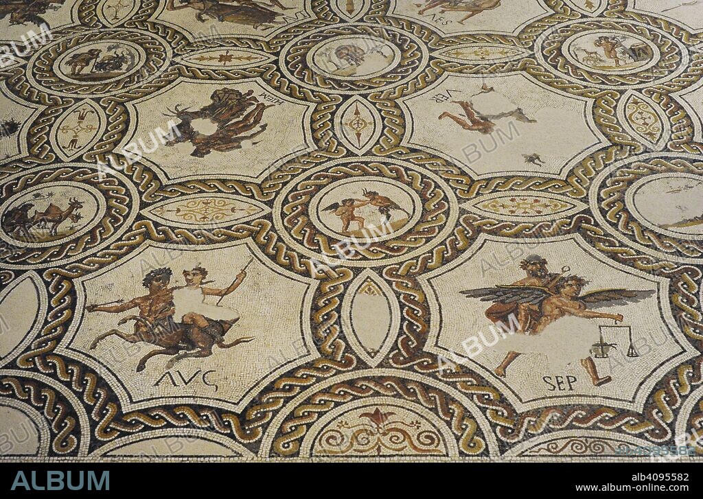 Mosaico de las estaciones y los meses. Detalle. Siglo III. Piedra caliza. Procedente de Hellín (provincia de Albacete, Castilla-La Mancha). Museo Arqueológico Nacional. Madrid. España.