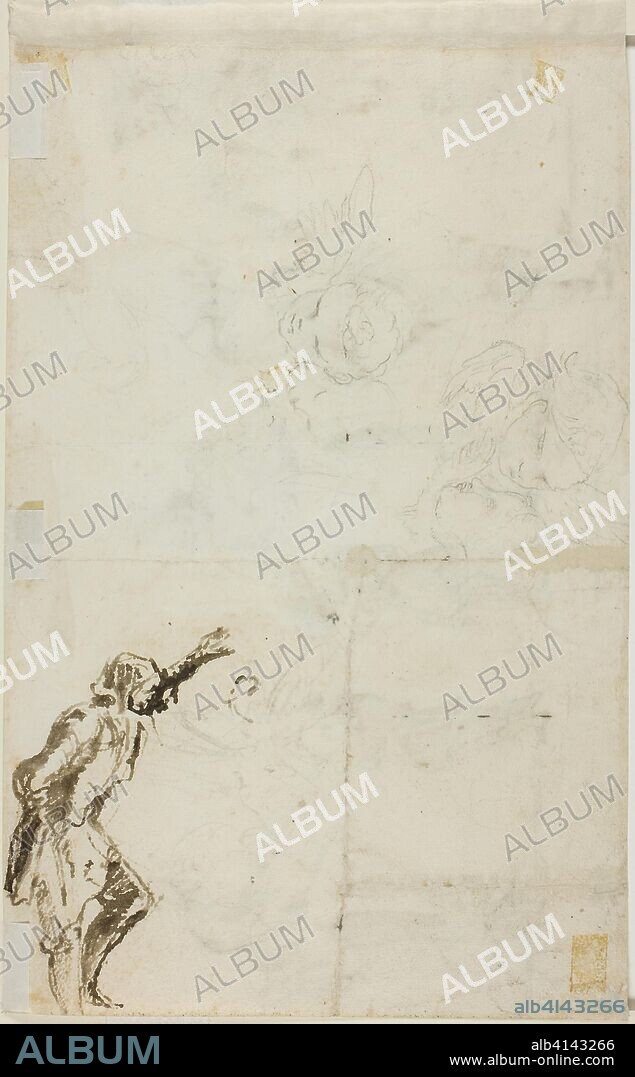 Sheet of Sketches: Standing Man with Raised Arm, Cherubim. Giovanni Battista Piranesi; Italian, 1720-1778. Date: 1758-1778. Dimensions: 231 x 365 mm. Pen and black ink, and charcoal, with traces of black chalk, on ivory laid paper. Origin: Italy.