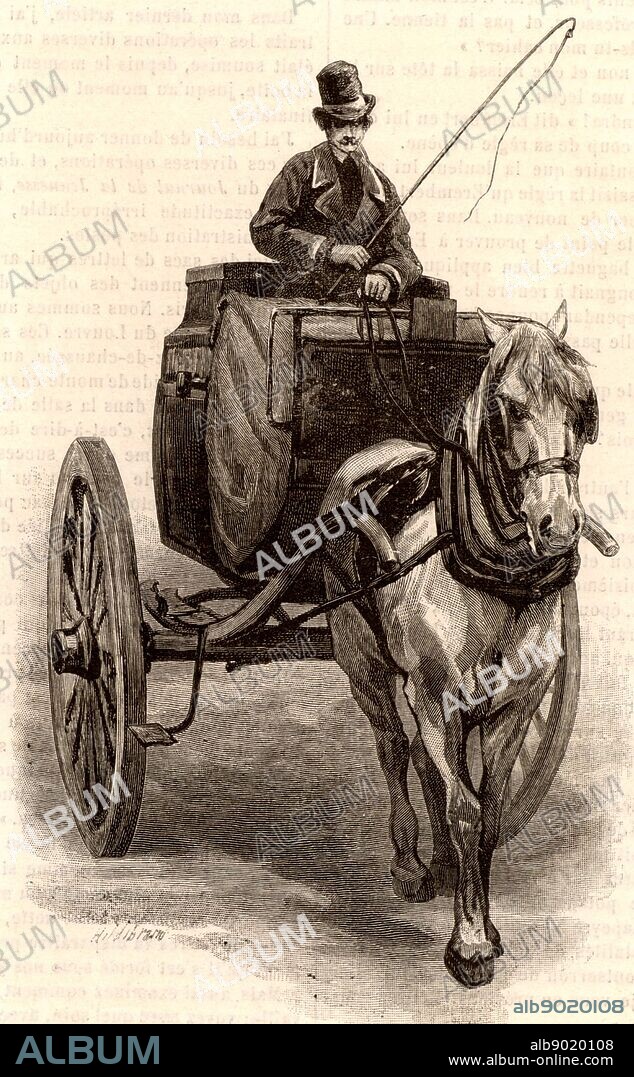French postal service. A Tilbury, a light 2-wheeled horse-drawn vehicle used in the Paris the postal service for bulk transport of letters. Engraving from 'Le Journal de la Jeunesse' (Paris, 1886).