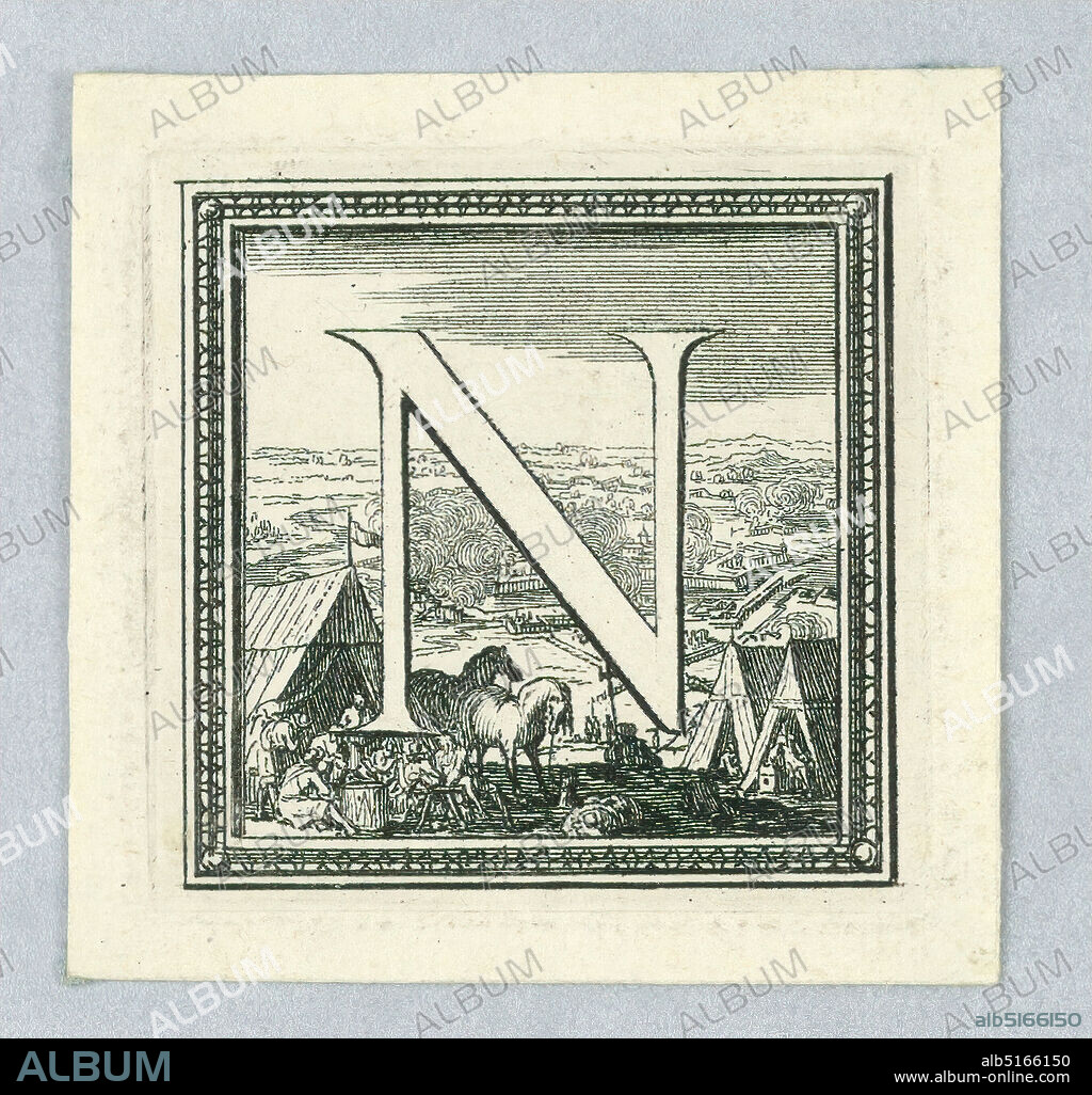 Figural Letter, Capital N from a Story of Louis XIV of France, Etching with engraving on paper, Shown against a representation of camp liffe. A town is besieged in the distance. Moulded frame., Europe, France, ca. 1700, Print, Print.