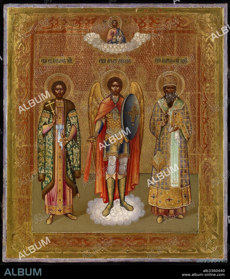 RUSSIAN ICON. Three Selected Saints: Prince Michael of Chernigov, Michael the Archangel and Anatolius of Constantinople.