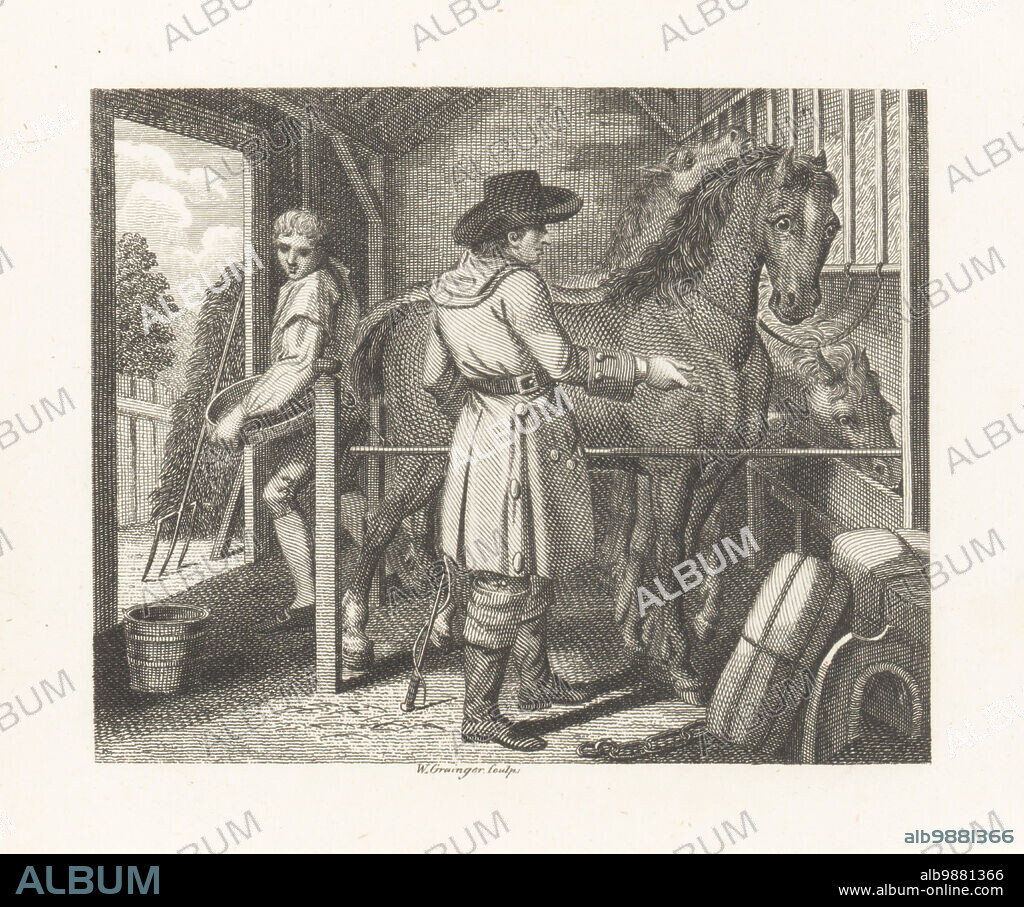 The Pack-Horse and the Carrier. Three horses feed at a manger in a stable. A rider rebukes a vain horse, while a stable hand exits with a feed basket. Copperplate engraving by William Grainger after an illustration by Hubert Francois Bourguignon Gravelot from Fables by John Gay, with a Life of the Author, John Stockdale, London, 1793.
