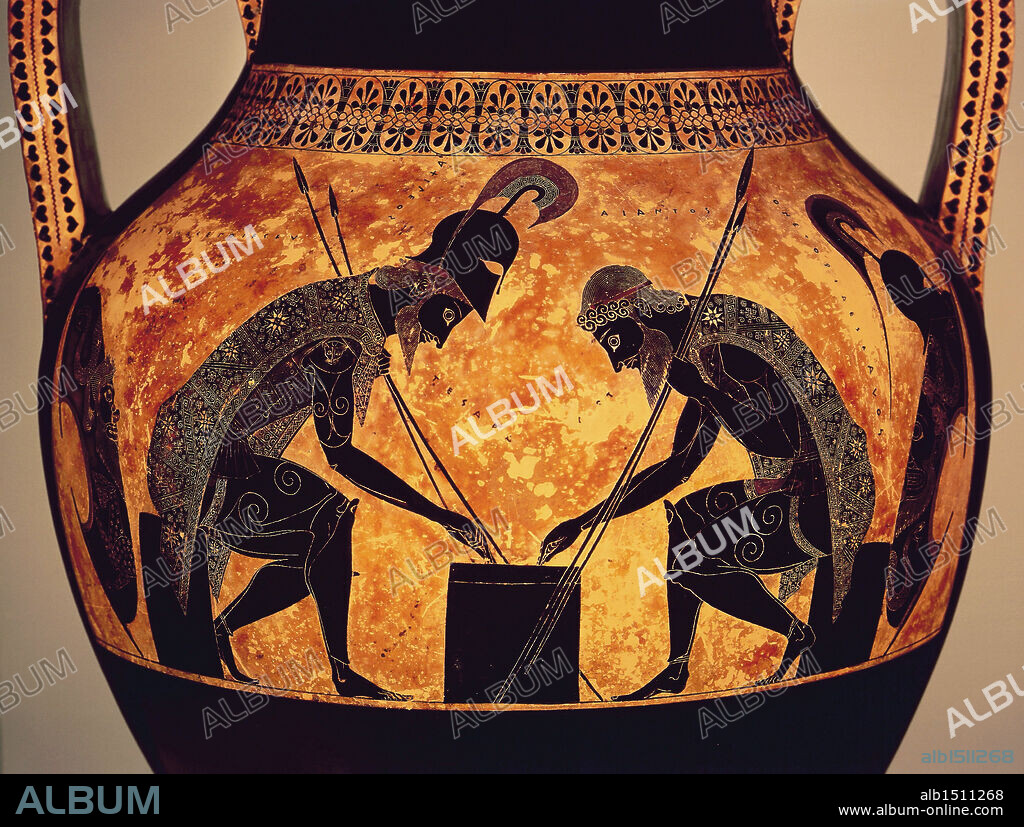 Greek civilization, 6th century b.C. Black-figure pottery. Attic amphora by Exekias. Detail: Achilles and Ajax play dice.