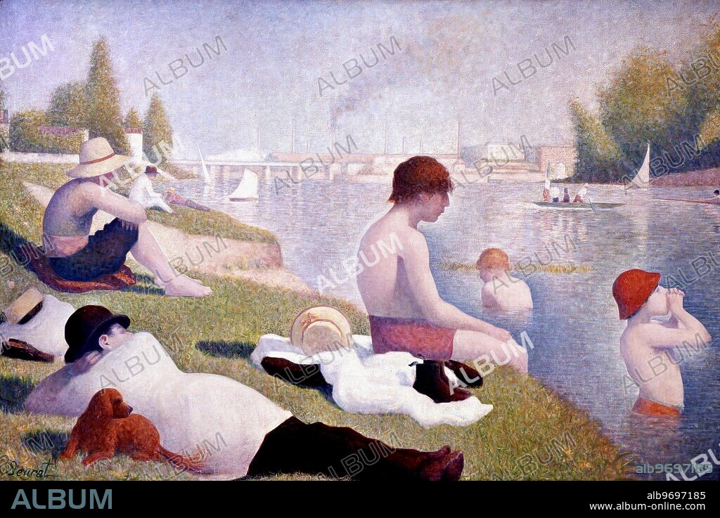 Bathers at Asnières, (Une Baignade, Asnieres) - 1884. by Georges Seurat. Georges-Pierre Seurat (December 2, 1859 - March 29, 1891) was the founder of Neoimpressionism. His large work Sunday Afternoon on the Island of La Grande Jatte is one of the icons of the 19th century painting.. This painting was the first of Seurat's large-scale compositions. He drew conté crayon studies for individual figures using live models, and made small oil sketches on site which he used to help design the composition and record effects of light and atmosphere. The final composition, painted in the studio, combines information from both. ©TopFoto.