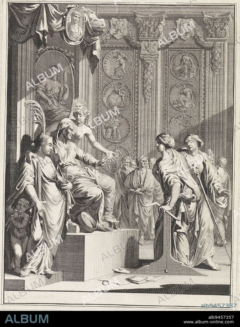 The personification of Knowledge of Good and Evil sits on a throne. It is flanked by the personifications Justice (with sword and scales) and Naked Truth (with a sun as headdress). Under the cloak of Justice is the child Innocence. Above the throne an oval frame with a representation of Prudence and an oval frame with the portrait of Emperor Justinian. Knowledge of Good and Evil judges the lawsuit between the personification Good Lawsuit (a woman with a shop hook and a spirit level) and the personification Bad Lawsuit (a blindfolded woman). In the background against the wall medallions with motifs that can negatively influence justice (such as greed, death, bankruptcy). The print is a proof for a title page, Allegory of the lawsuit., print maker: Jan Goeree, Jan Goeree, Amsterdam, 1703 - before 1705, paper, engraving, w 164 mm × h 215 mm.