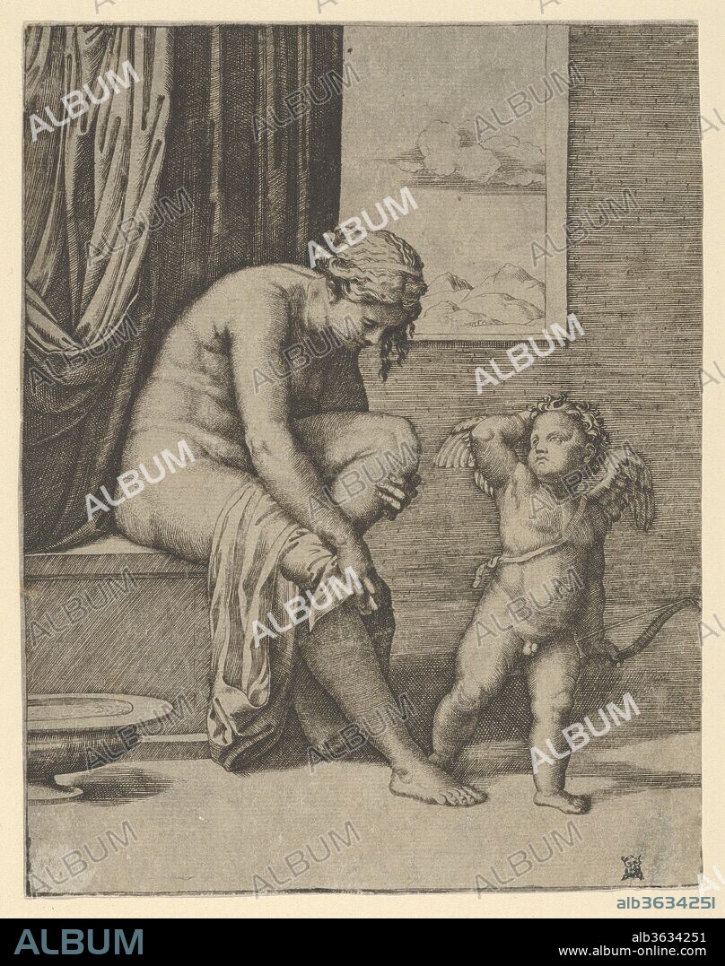 MARCANTONIO RAIMONDI und ? AFTER RAPHAEL (RAFFAELLO SANZIO OR SANTI). Venus drying her foot with a piece of drapery, Cupid in front of her, holding a bow in his left hand. Artist: Marcantonio Raimondi (Italian, Argini (?) ca. 1480-before 1534 Bologna (?)); ?After Raphael (Raffaello Sanzio or Santi) (Italian, Urbino 1483-1520 Rome). Dimensions: Sheet: 6 7/8 × 5 3/8 in. (17.4 × 13.6 cm). Date: ca. 1510-27.