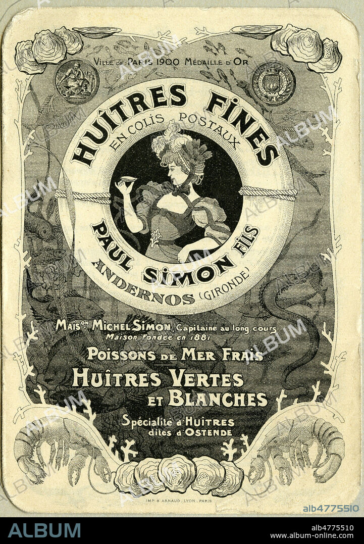 'Huitres fines Paul Simon Fils, poissons de mer frais, huitres vertes et blanches'. Etiquette de produit alimentaire vers 1900. debut 20eme siecle. Illustration anonyme. Credit IM/KHARBINE TAPABOR.