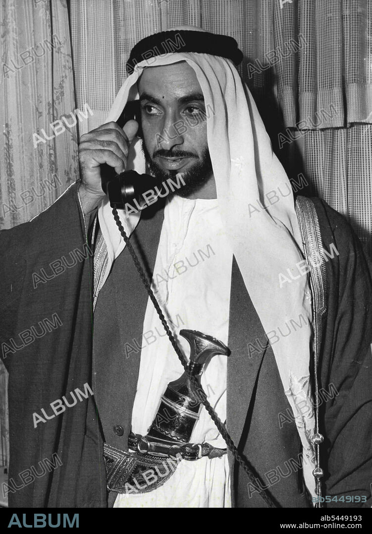 Sheikh Zaid of Buraimi photographed in London today. He spourned a bribe of £30m, offered by King Ton Saud who wanted to acquire the rich oil land of the Buraimi Oasia so that Aramoo, the American oil company, might work the deposits. Two members of the tribunal endeavouring to so out the sovreignty of this land, resigned after attempt had been made to tamper with the impartiality of the sitting. October 06, 1955.
