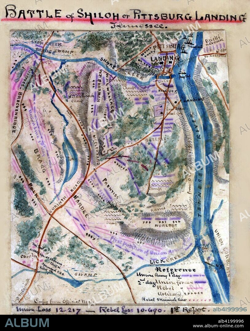 Battle of Shiloh, Tennessee or Pittsburg Landing.  The Battle of Shiloh, also known as the Battle of Pittsburg Landing, was a major battle in the Western Theater of the American Civil War, fought on April 6 and April 7, 1862, in southwestern Tennessee. Confederate forces under Generals Albert Sidney Johnston and P.G.T. Beauregard launched a surprise attack against the Union Army of Maj. Gen. Ulysses S. Grant. The Confederates achieved some initial success on the first day but were ultimately defeated on the second day. - Robert Knox Sneden.
