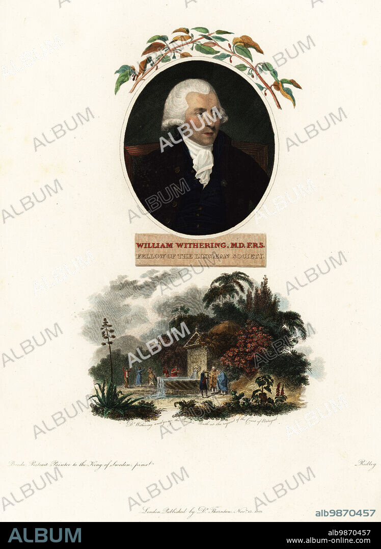 William Withering, MD, FRS, physician, geologist, chemist and botanist, Fellow of the Linnaean Society, 1741-1799. Handcoloured copperplate engraving by William Ridley after a portrait by Carl Fredrik von Breda. Dr Withering analysing the mineral content of the medicinal spa at Queen's Bath or Caldas da Rainha in Portugal, 1794. Handcoloured copperplate stipple engraving from Dr. Robert John Thorntons New Illustration of the Sexual System of Carolus von Linnaeus, the Temple of Flora, London, 1801.
