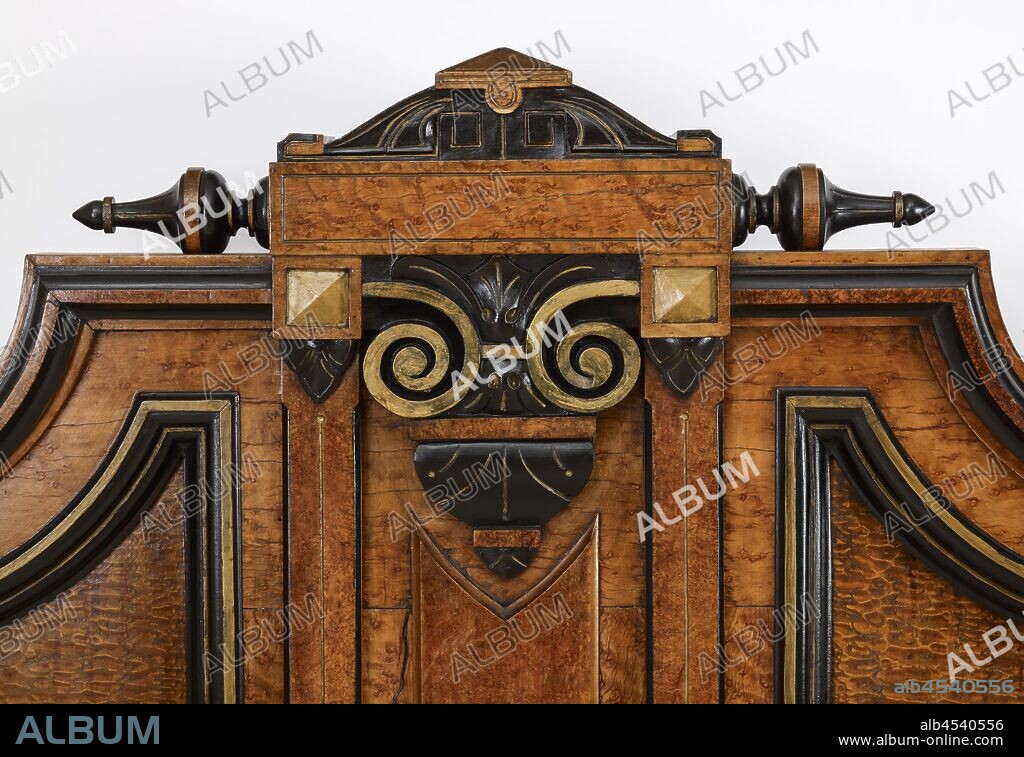 bedstead (from a suite), Unknown, about 1880, maple, burl ash, various inlaid woods, 107 x 69-1/2 x 86 in. (installed) A) sideboard: 29-1/2 x 3 x 72-3/4 in. B) sideboard: 29-1/2 x 3 x 72-3/4 in. C) footboard: 44 x 69-1/2 x 10-1/2 in. D) headboard base: 80-1/2 x 66 x 7-1/2 in. E) headboard pediment: 30 x 56 x 13 in. D-E) headboard installed: 107 x 66 x 13 in., American, Decorative Arts.