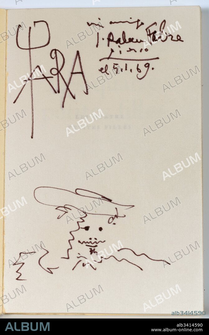 Pablo Picasso / "Dedication with head of Rembrandt", 1969, Drawing on book (purple marker on paper), 18.5 x 11.8 cm.