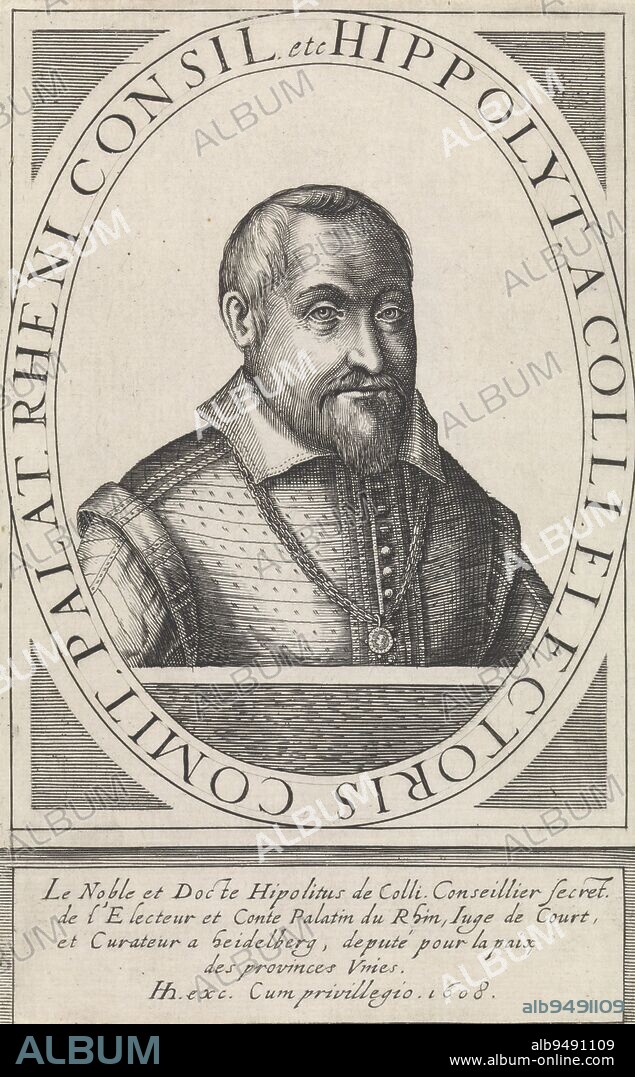 Bust to the left of Hippolyte de Colle, in an oval frame, on which is a border inscription with his name and title in Latin. Below the portrait four lines in French. Print from a series of forty portraits of peacemakers in the Netherlands, Portrait of Hippolyte de Colle Belgiae Pacificatorum Vera Delineatio , print maker: Hendrick Hondius (I), publisher: Hendrick Hondius (I), (mentioned on object), unknown, (mentioned on object), The Hague, 1608, paper, engraving, h 190 mm × w 121 mm.