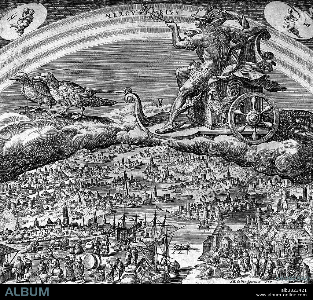 Mercury in his chariot, riding across the heavens. Mercury was a messenger who wore winged sandals and a god of trade, thieves, and travel, the son of Maia Maiestas and Jupiter in Roman mythology. His characteristics and mythology were borrowed from the analogous Greek god, Hermes. Mercury has influenced the name of many things in a variety of scientific fields, such as the planet Mercury, and the element mercury. The word mercurial is commonly used to refer to something or someone erratic, volatile or unstable, derived from Mercury's swift flights from place to place. He is often depicted holding the Caduceus in his left hand. Engraving by Jan Sadeler after Martin de Vos.