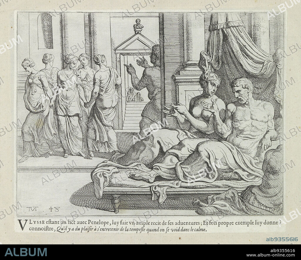 Odysseus tells of his adventures to Penelope, Les Travaux d'Ulysse (series title), The works of Odysseus (series title), Odysseus tells of his adventures to Penelope, while they are in bed. The print is part of an album., print maker: Theodoor van Thulden (mentioned on object), intermediary draughtsman: Theodoor van Thulden, Paris, 1633, paper, etching, engraving, letterpress printing, height 204 mm × width 248 mm.