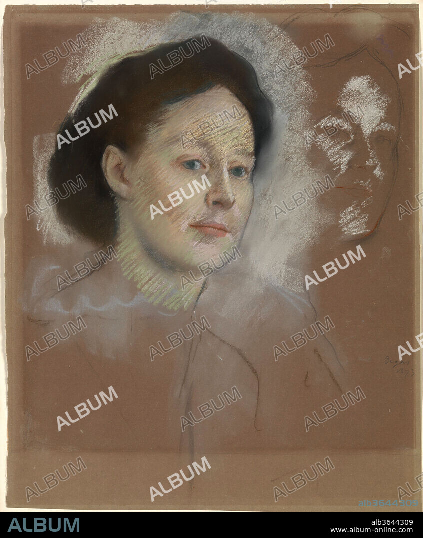 The Artist's Cousin, Probably Mrs. William Bell (Mathilde Musson, 1841-1878). Artist: Edgar Degas (French, Paris 1834-1917 Paris). Dimensions: 18 5/8 x 15 1/8 in. (47.3 x 38.4 cm). Date: 1873.
The sitter for this likeness is thought to be Mathilde Musson, one of Degas's cousins in New Orleans. Degas made a number of pictures featuring Mathilde and her two sisters when he visited the family during the fall and winter of 1872-73. The women can be difficult to tell apart, but the tilt of the head and the intelligent, sidelong gaze seen here closely resemble the figure of Mathilde in another, more finished pastel (Ordrupgaard, Copenhagen). Mathilde was then a new mother, and the artist complained, "to make a cousin sit for you who is feeding an imp of two months is quite hard work.".