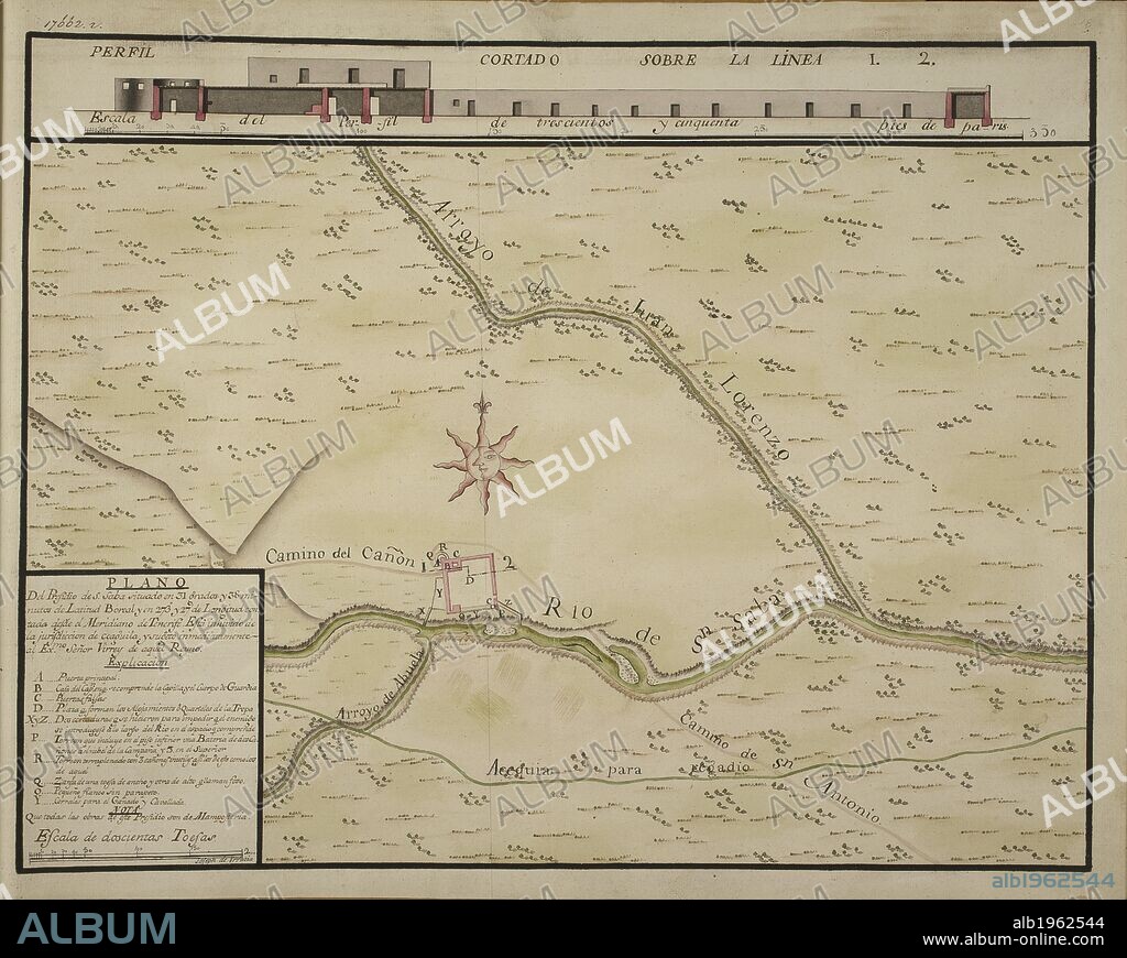 Plano del presidio de S. Saba situado en 31 grados y 38 minutos de latitud boreal y en 273Â° y 27' de longitud contada desde el meridiano de Tenerife esta inhivido de la jurisdiccion de coaguila, y suheto inmediatamente al emo. seÃ±or virrey de aquel reyno. TWENTY-ONE coloured maps and plans of towns and various settlements in the North of Mexico with their environs; all, except one, situated in the Provincias Internas. By Joseph de Urrutia. Paper, XVIIIth cent. Folio. Ca. 1768. Source: Add. 17662 r18.
