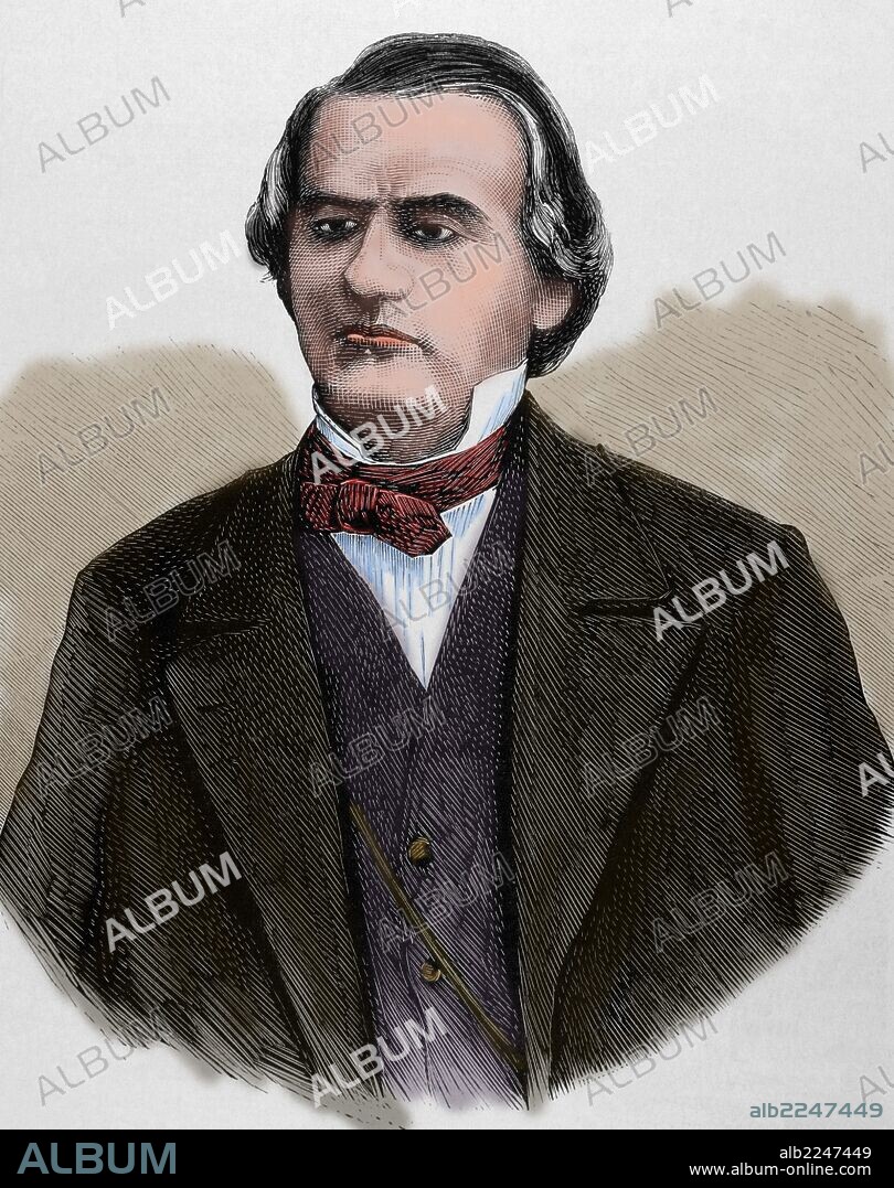 JOHNSON, Andrew (1808-1875). Presidente de los Estados Unidos. Alcalde de Greenville, gobernador de Tennesse (1853-57), senador federal (1857-62) y (1875). Vicepresidente (1865) tras el asesinato del presidente Lincoln. Durante su administración se negoció la compra de Alaska (1867) y la evacuación de los franceses en México. Grabado coloreado. "La Ilustración Española y Americana", año 1875.