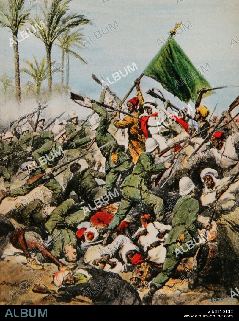 War of Libya or Italo-Turkish War (1911-1912). Conflict between the Ottoman Empire and the Kingdom of Italy. Attack of the Arabs to the Italian positions, Kemal Bey, Libya. Engraving of La Domenica del Corriere, Italy.