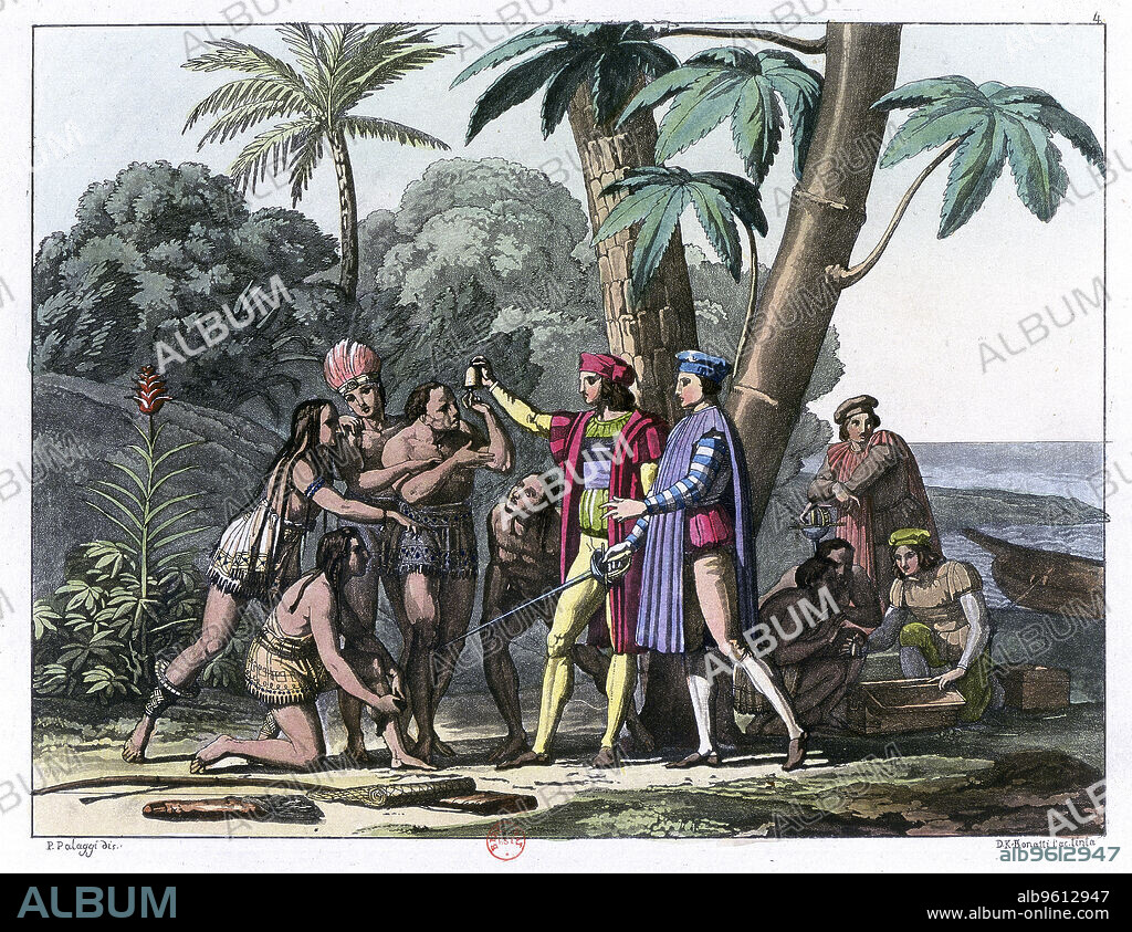BONATTI. Christopher Columbus arriving in the New World, 1492 (1817-1826). Genoese explorer and navigator Columbus (1451-1506) presenting gifts to the first natives to greet him on his landing in America. Sponsored by Ferdinand and Isabella of Spain, Columbus set out to discover a westward route to Asia. He landed on the Caribbean island of Hispaniola, claiming it for Spain. From Il Costume Antico et Moderno by Giulio Ferrario. (Milan, 1817-1826).