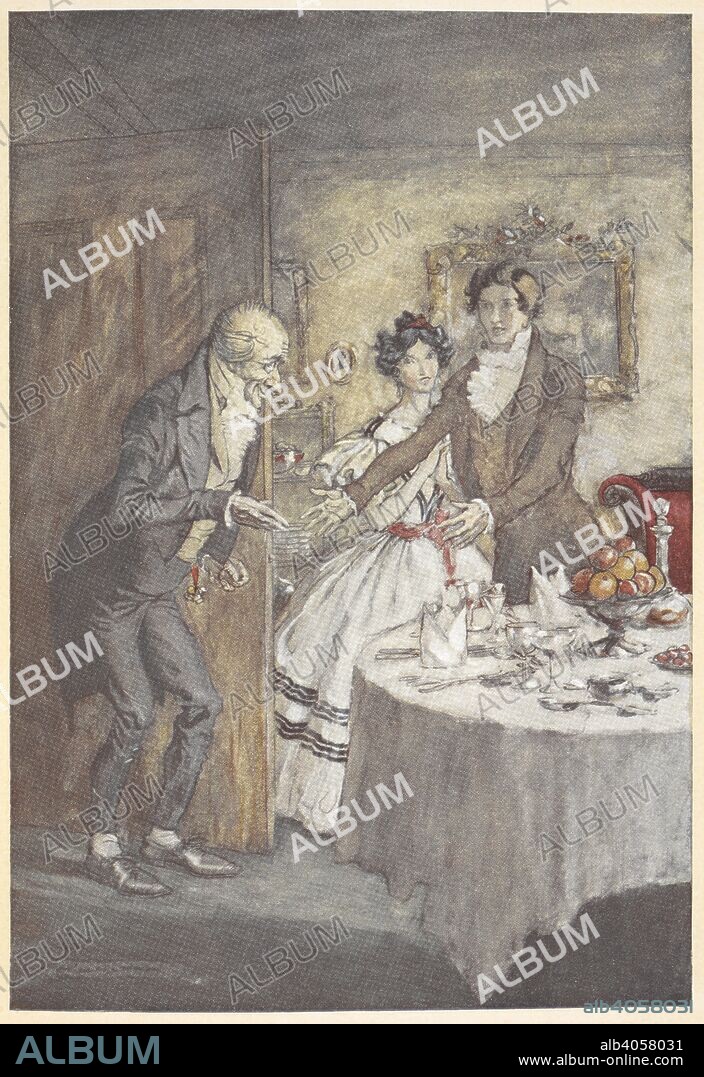 CHARLES DICKENS. A young man and woman welcoming Scrooge for a meal in their dining room. A Christmas Carol ... Illustrated by Arthur Rackham. London; J. B. Lippincott Co. Philadelphia : Wiiliam Heinemann, 1915. "It's I, your uncle Scrooge. I have come to dinner. Will you let me in, Fred?". Source: 012622.g.37. opposite page 144.