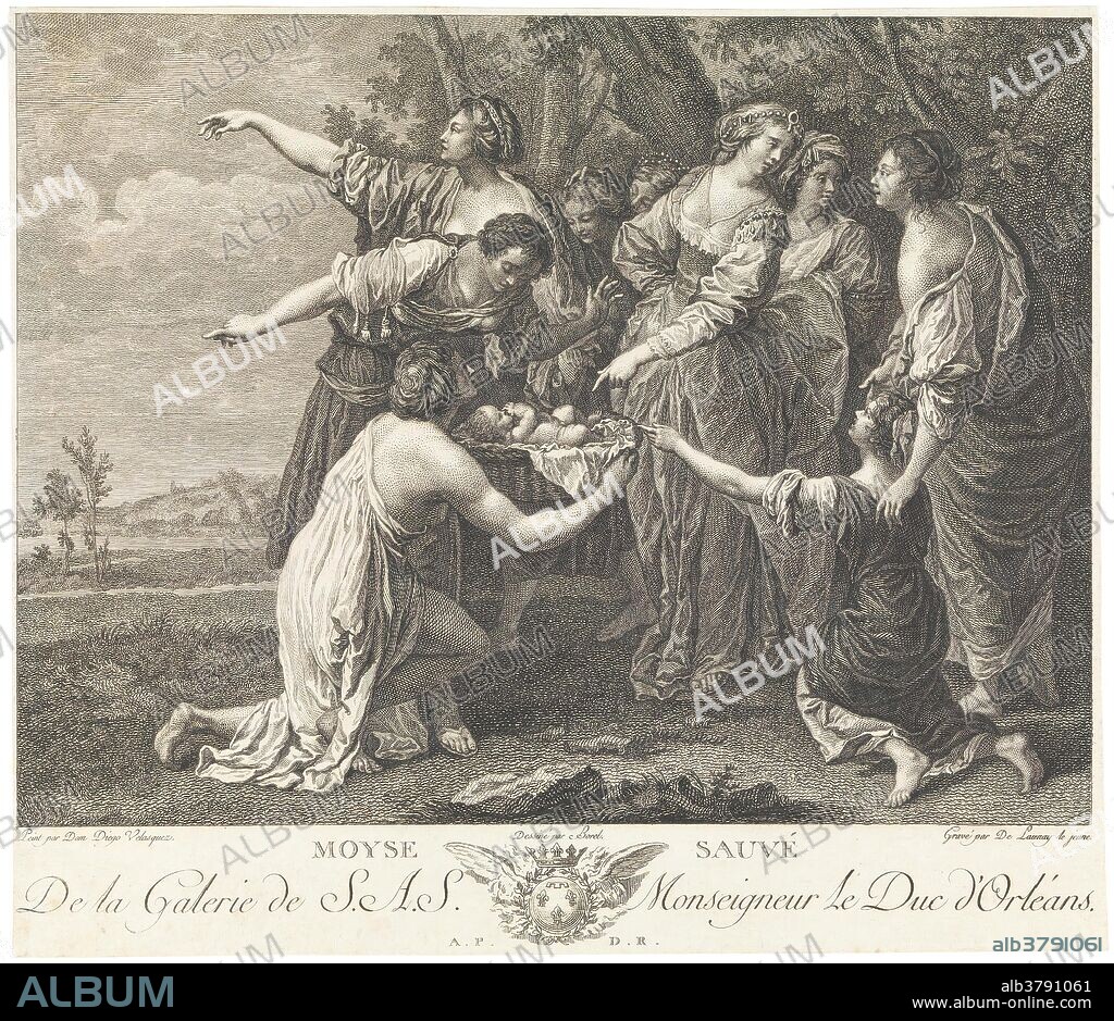 ANTOINE BOREL, JACQUES COUCHÉ und ROBERT DE LAUNAY. Antoine Borel (Drafstman) (The original work, according to inscriptions, attributed to Velázquez, Diego Rodríguez de Silva y); Robert de Launay (Engraver) (After Gentileschi, Orazio); Niquet (Letter engraver); Jacques Couché (Publisher) / 'The Finding of Moses'. 1786 - 1808. Taille douce: etching and engraving on laid paper; 1786 - 1808. Taille douce: etching and engraving on laid paper.