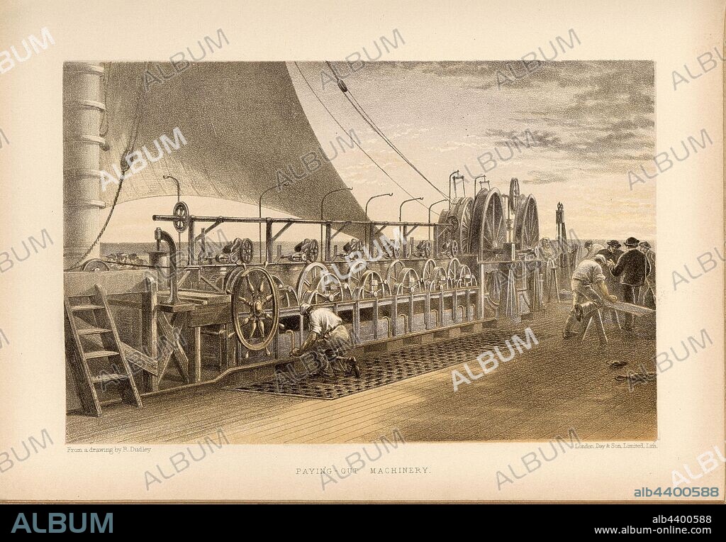 Paying-out machinery, Deck of the sailing steamer Great Eastern with relocation of the transatlantic cable 1865, Signed: From a drawing by R. Dudley; Day & Son, Limited, Lith, Fig. 9, p. 40, Dudley, Robert (ill.); Day & Co (lith.), 1866, William Howard Russell; Robert Dudley: The atlantic telegraph. Dedicated by special permission to His Royal Highness Albert Edward Prince of Wales. London: Day and son Limited, [1866].