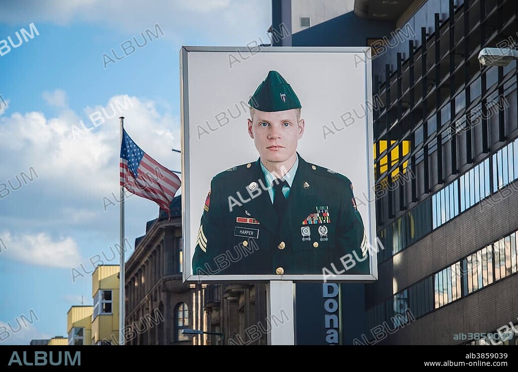Portrait of a soldier, Checkpoint Charlie, Berlin, Germany, Europe.