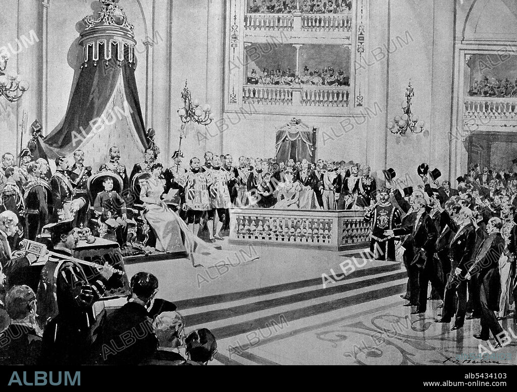MARIA CRISTINA DE HABSBURGO. REINA DE ESPAÑA . 1858 - 1929. SE CASO CON ALFONSO XII EN EL AÑO 1879. " SESION DE APERTURA DE LAS CORTES , AÑO 1879 , COMO REINA REGENTE JUNTO A SU HIJO ALFONSO XII ". GRABADO DE LA ILUSTRACION ESPAÑOLA Y AMERICANA.