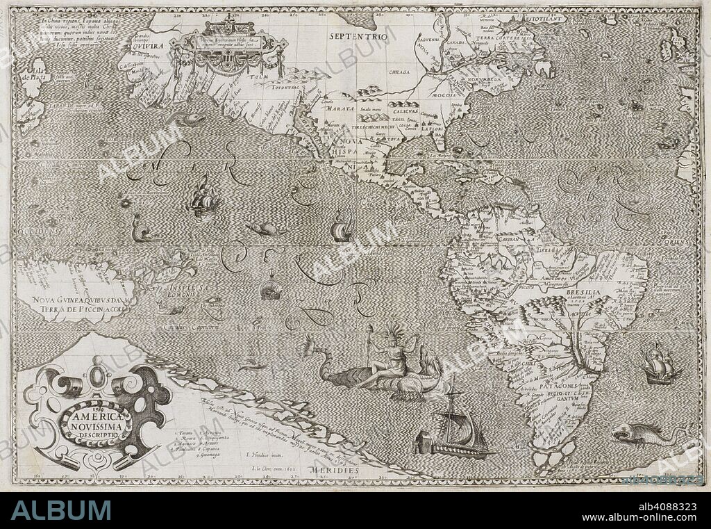 JODOCUS HONDIUS. A map of North and South America. 1589 AMERICAE NOVISSIMA DESCRIPTIO. [Paris?] : I. Le Clerc excu., 1602. Copperplate engraving. Source: Maps K.Top.118.4. Language: Latin.