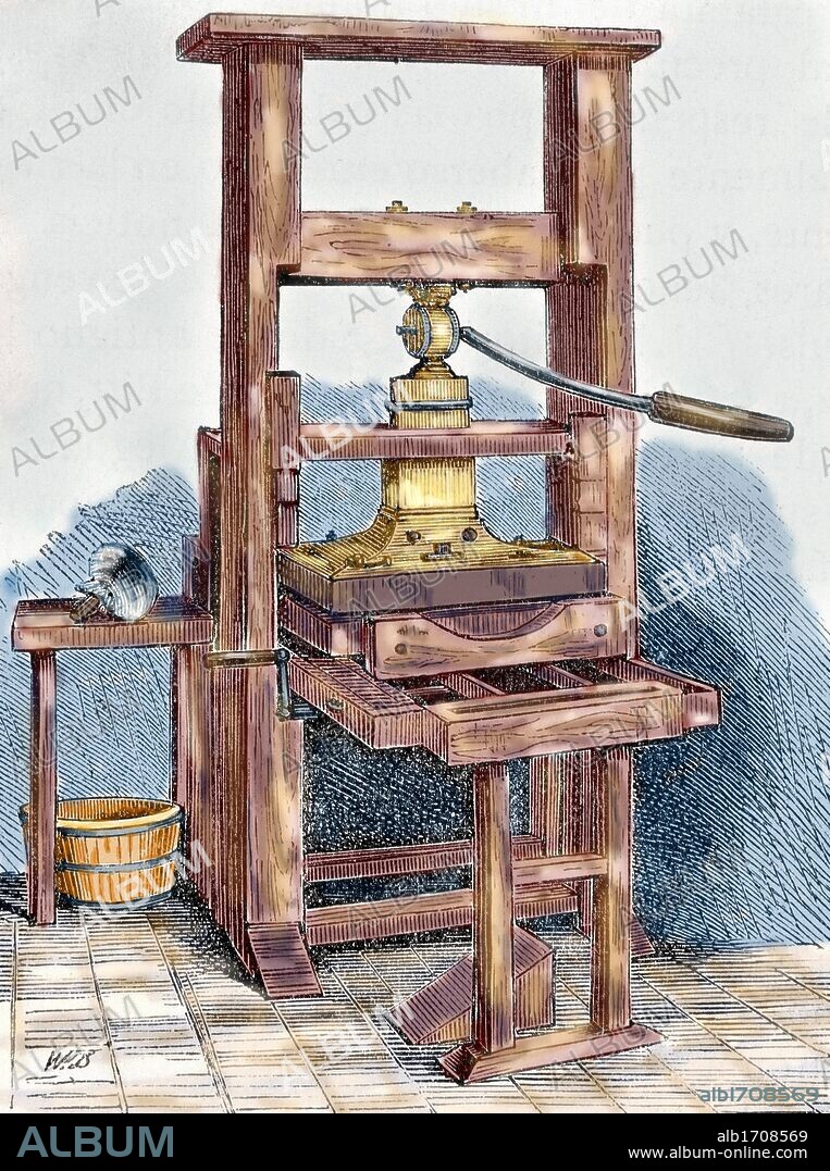PRENSA DE IMPRIMIR utilizada por Benjamin FRANKLIN (Boston,1706-Filadelfia,1790). Estadista y científico estadounidense. Grabado coloreado.