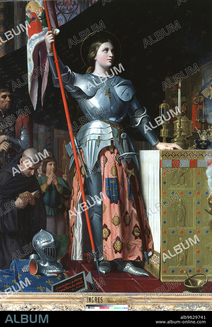 JEAN AUGUSTE DOMINIQUE INGRES. 'Joan of Arc at the Coronation of Charles VII in the Cathedral at Reims', 1429, (c1800-1867). St Joan, Maid of Orleans (c1412-1431) French patriot and martyr in full armour standing at the altar. Claiming divine inspiration, Joan of Arc persuaded Charles to declare himself King of France (at the time France was ruled by England under the terms of the Treaty of Troyes signed in 1420). Joan was captured by the English and executed and martyred in 1431, but Charles went on to regain all of France from the English, with the exception of Calais.