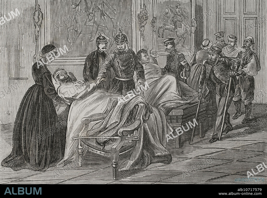 Guerra Franco-Prusiana (1870-1871). El rey Guillermo I de Prusia (1797-1888) visitando a los heridos en los hospitales. Grabado. "Historia de la Guerra de Francia y Prusia". Tomo II. Publicado en Barcelona, 1871.