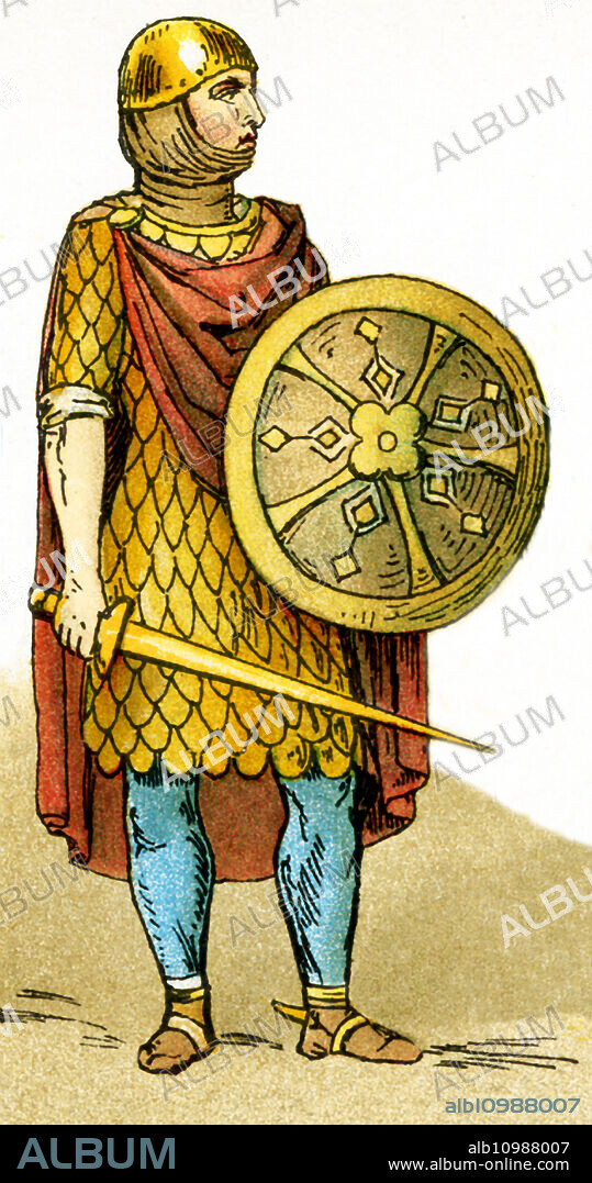 The figure pictured here is a Frank warrior from the years A.D. 700 to 800. Franks were members of the Germanic nation or coalition that conquered Gaul (present-day France) in the 6th century.