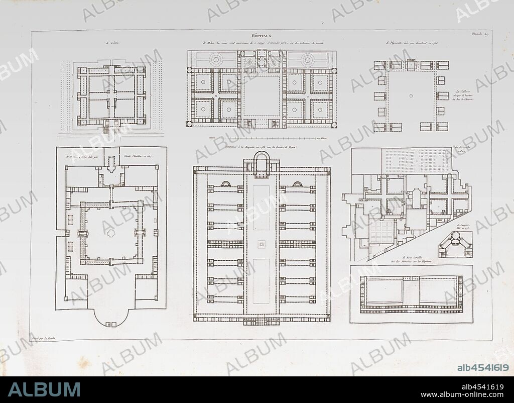 hospitals, Floor Plans of Various Hospitals, Signed: Gravé par Le Pagelet, Pl. 29, p. 67, Lepagelet (gravé), Jean-Nicolas-Louis Durand: Recueil et parallèle des édifices de tout genre, anciens et modernes, remarquables par leur beauté, par leur grandeur ou par leur singularité, et dessinés sur une même échelle. Paris: chez l'auteur, 1801.
