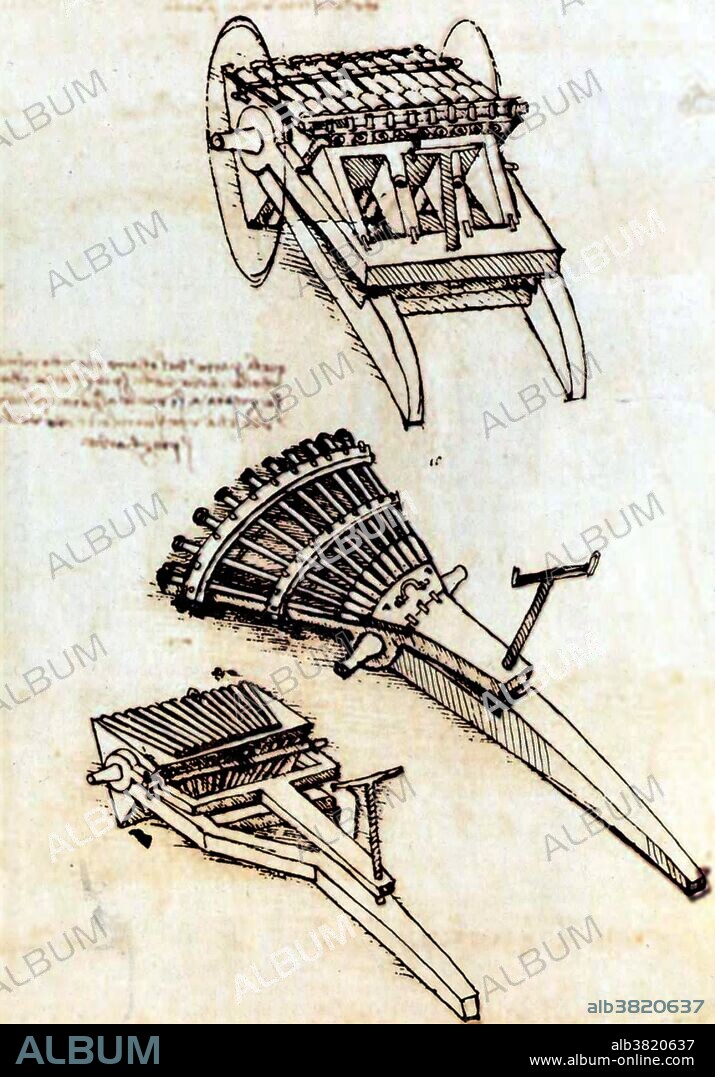 Guns with array of horizontal barrels and gun with three racks of barrels, circa 1481. Firearms in renaissance times were inaccurate and suffered from a slow rate of fire. Leonardo, in his design for a multi-barreled cannon of 1481, sought to overcome the slow rate of fire. The three racks of barrels allowed the re-loading of one rack while another was being fired and could maintained continuous fire power. The gun, with it's array of horizontal barrels, allowed for a wide scattering of shot.