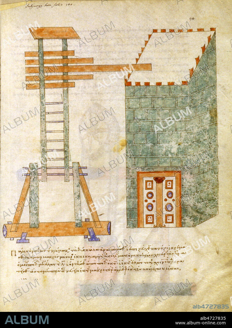 Echelle pour prendre d'assaut une tour fortifiee. Schema tire de l'ouvrage de PHILON d'Athenes sur les machines de guerre, reedite au Moyen age. Manuscrit medieval. Credit : Collection NB/KHARBINE-TAPABOR.