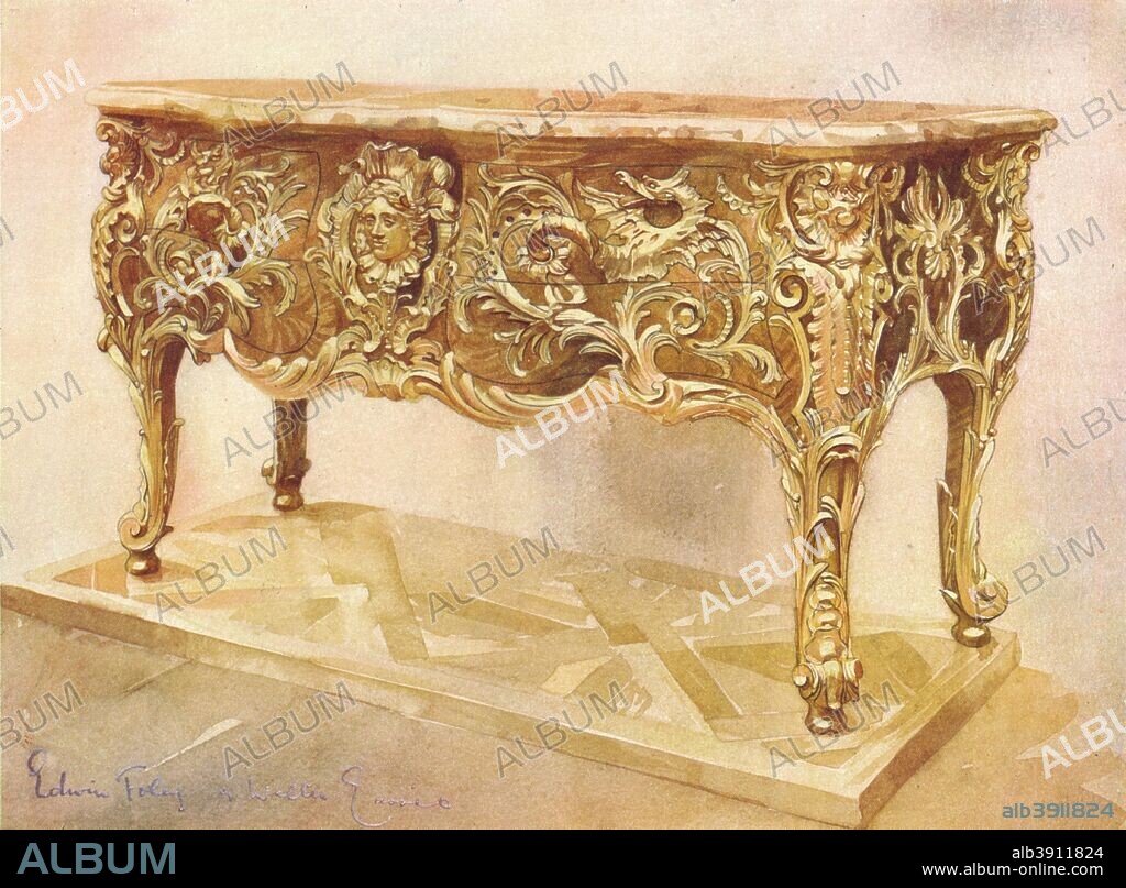 A dragon commode attributed to Antoine-Robert Gaudreaus (1682-1746), c1903. A drawing of a commode dated c1735-40 and housed at the Wallace Collection. From The Connoisseur Vol. VI [Otto Limited, London, 1903.].