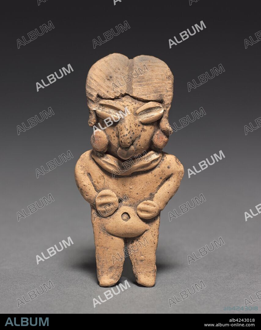 Male Figurine, 400-100 BC. Mexico, Guanajuato, Chupícuaro. Pottery with white and red pigment; overall: 8.9 x 4.2 x 2 cm (3 1/2 x 1 5/8 x 13/16 in.).