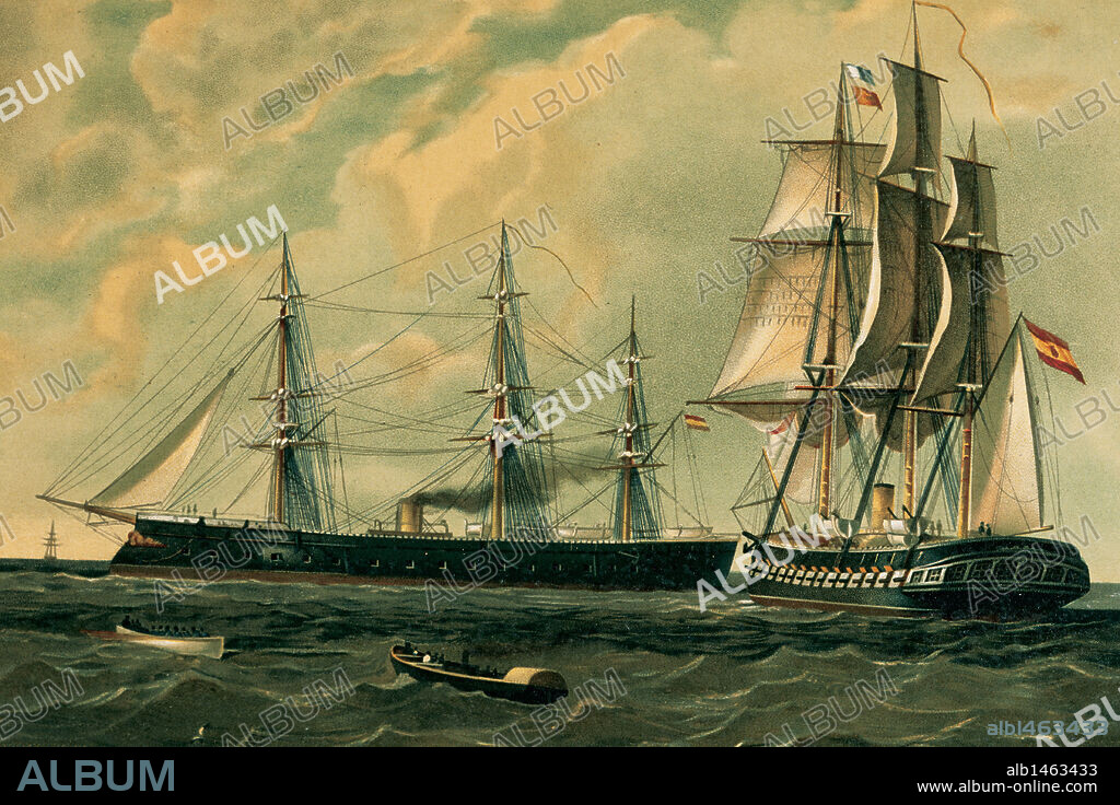 HISTORIA DE LA NAVEGACION. SIGLO XIX. BUQUE DE PROPULSION MIXTA (VELA Y VAPOR) Y NAVIO DE LA ARMADA ESPAÑOLA. Grabado a color. Biblioteca de Cataluña. Barcelona.